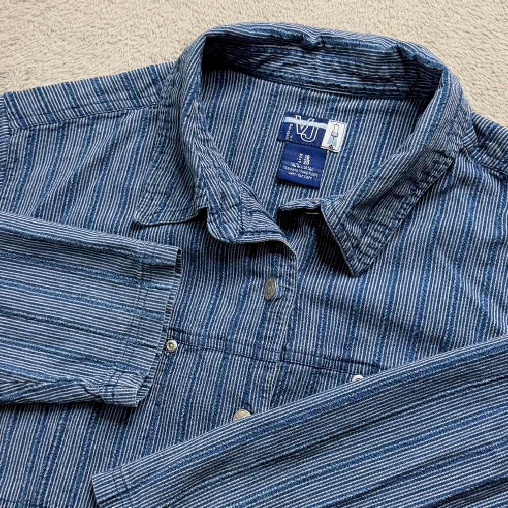 Venezia Jeans Co Womens Blue White Striped Cotton Button Up Shirt Size 18/20